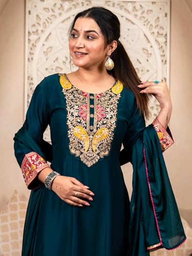 Image of VredeVogel Women's Silk Blend Embroidered Anarkali Kurta with Pant & Dupatta Set | Festive & Casual Women Ethnic Kurta Set for Women