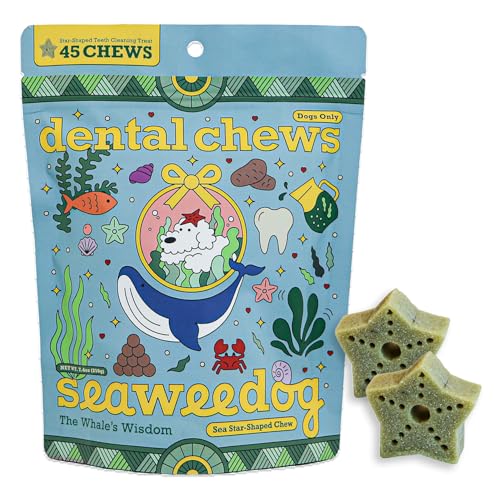 Seaweedog Dental Chews for Dogs 7.6oz Bag - Vegan Sea-Star Shape with Korean Seaweed, Kelp, Spirulina, Ascophyllum Nodosum, Green Tea Extract, Plant-Based Teeth Cleaning for Fresh Breath, All Breeds