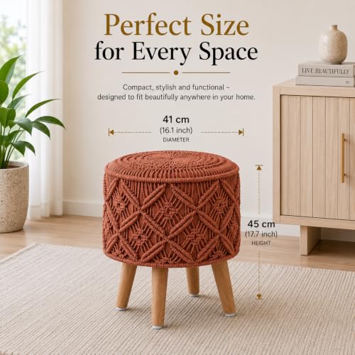 Image of Macrame Ottoman for Living Room | Handcrafted Woven Foot Rest Stool with Solid Wooden Legs | Pouffe for Sitting, Foot Stool for Bedroom & Home Decor | 16x16x18 Inch (Rust)