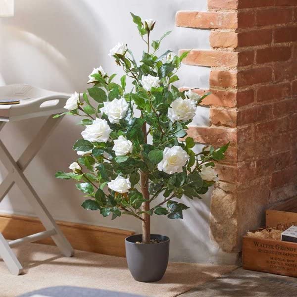 Garden Mile Artificial House Plant 80cm White Rose Trees Indoor Potted Plant Outdoor Tree with Fake White Flowers Rose Bush in Pot Potted Plants for Home Office Fake Flower Tree