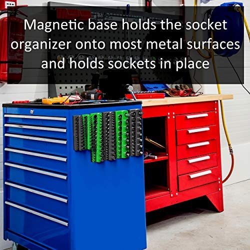 Image of Olsa Tools Magnetic Socket Organizer - 1 /4-Inch Drive SAE Socket Holder with Strong Magnets - Professional Tool Holder and Organizer - Stores up to 26 Sockets - Green - Part: 1115
