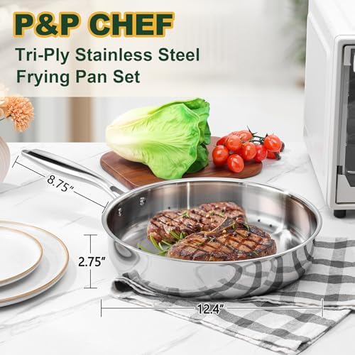 P&P CHEF 12 Inch Stainless Steel Frying Pan, 3-Ply Stainless Steel Pan Skillet, Induction Stir-fry Pan, Oven & All Stoves Safe, Heavy Duty & Even Heat, Dishwasher Safe, Silver, (1 Piece) - Thumbnail 4