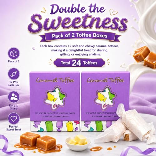 Image of Chocovic Caramel Toffee - Pack of 2 (12 Pcs Each), Soft & Chewy Caramel Candy, Rich Buttery Flavor, Vegetarian Sweet Treat, No Artificial Flavours