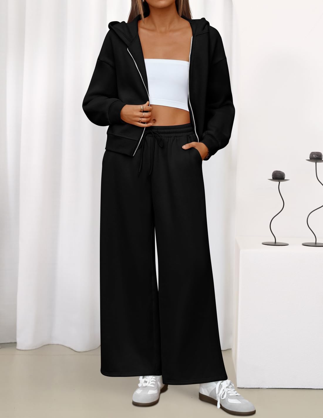 ZESICA Women's 2 Piece Outfits 2025 Spring Winter Fleece Hoodie Tracksuit Zip Up Sweatshirt Long Sweatpant Matching Set - Image 2