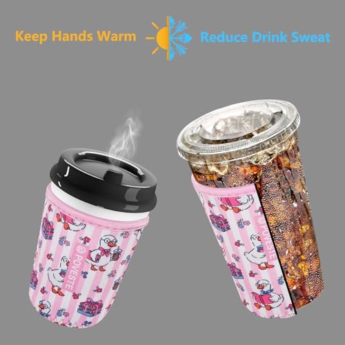 Image of Reusable Neoprene Insulator Sleeve for Iced Coffee & Cold Soda, Coffee Sleeves for Iced & Hot Drinks, Cold Beverage Cooler Compatible with Starbucks, Dunkin (Reading Goose, Large: 32oz)