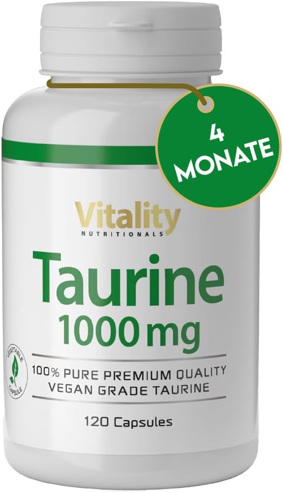 Taurine Capsules 1000 mg. 4 Months 1 Capsule Per Day. Taurine Capsules High Dose. Pre Workout Without Caffeine Amino Acids Free from Lactose Gluten and Yeast Vegan. Vitality Nutritionals by VitaminExpress