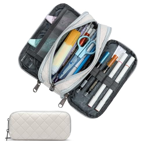 Image of Della Gao Large Pencil Case, Big Capacity Pencil Pouch with 3 Compartments, Office Pencil Bag with Zipper, Big Pen Case for Adults (01-3Beige)