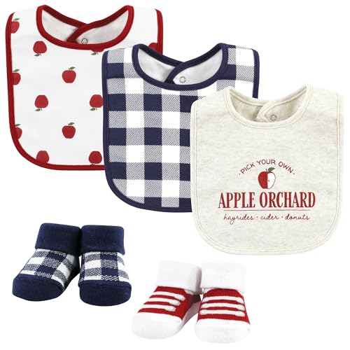 Image of Hudson Baby Unisex Baby Cotton Bib and Sock Set, Apple Orchard, One Size