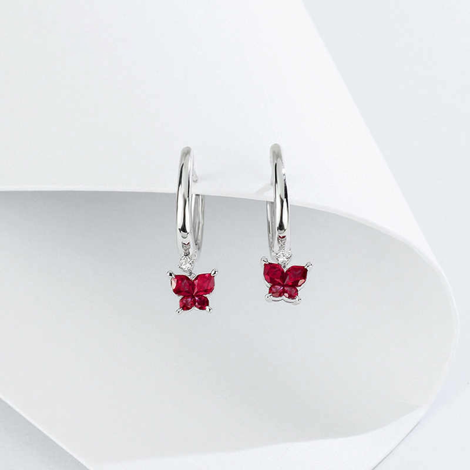 Damskie kolczyki na sztyfcie, nowoczesne motyle, rubin 0,8 ct; diament 0,03 ctGold, wiszące kolczyki damskie dla dziewczyny, białe złoto 14 K, modna biżuteria na Dzień Matki