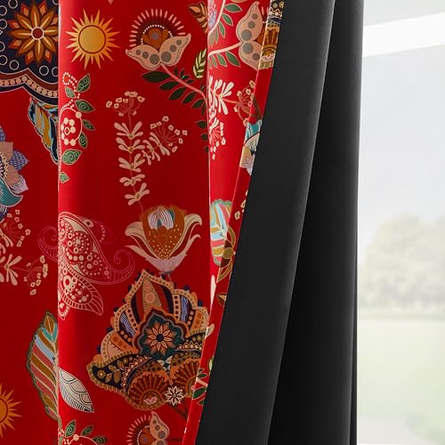 Image of XiDi 100% Blackout Red Floral Curtains 63 Inches Long Grommet Drapes