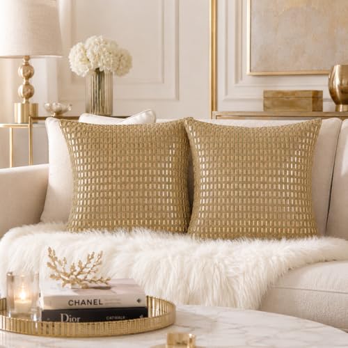 Housse de coussin doré 45x45 cm - Lot de 2 avec perles intégrées
