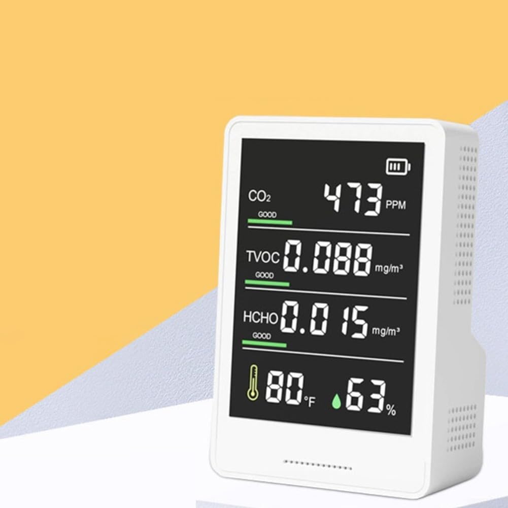 Misuratore di qualità dell'aria 5 in 1 per TVOC, formaldeide, temperatura e umidità, con display a colori e batteria USB, per ufficio, casa e scuola