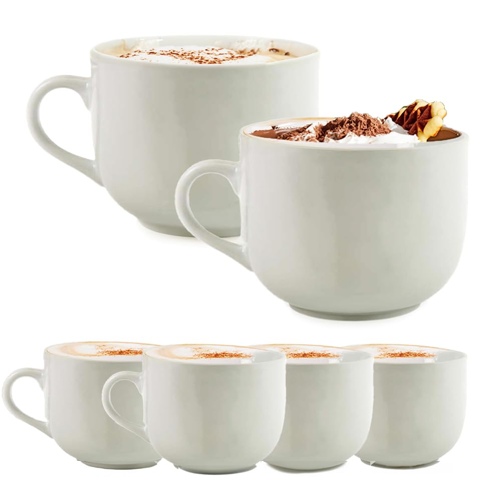 Set Tazze Jumbo da Cappuccino in Ceramica Bianche Grandi 450 ml - Tazza Caffè, Espresso, Colazione, Lavastoviglie (6 Tazze)