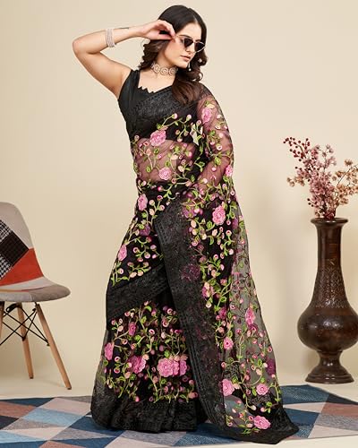 Image of VAIRAGEE Women's Beautiful Soft Net Embroidery Saree With Unstitched Blouse 6079