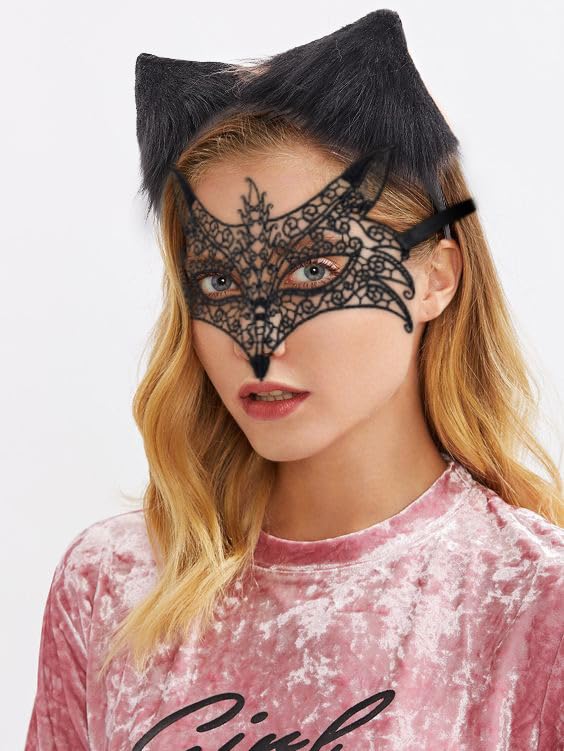 DRESHOW Faux Fur Wolf Tail Cat Ears Headband Lace Masquerade Mask Set Wolf Fox Cosplay Costume Animal Dress Up Fancy Dress Accessories Halloween Role Play Party Costume - Image 3