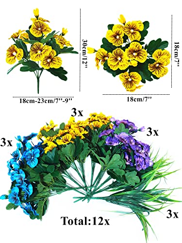 Qianyun 8 Bundles Artificial Flowers Outdoor Uv Resistant Artificial Pansies Faux Plastic Flower In Bulk Fake Outdoor Plants (12, Yellow/Blue/Purple) #TOP3