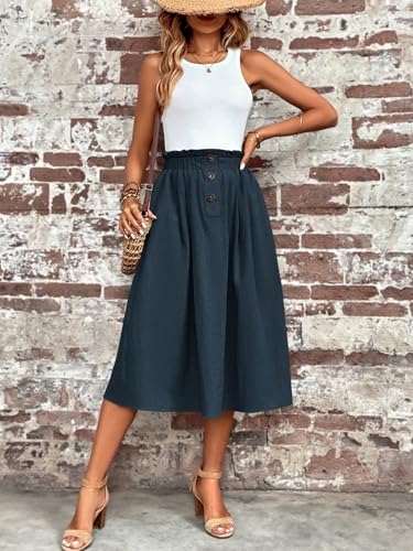 Paperbag Waist Pocket Button Skirt Basic Women's Summer Casual Vinage Skirt3