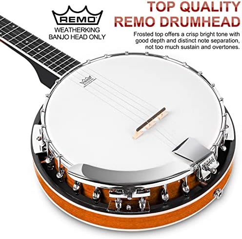 Vangoa 5 Saiten Banjo Remo Kopf geschlossen Solid Back Banjos mit Anfänger Kit, Stimmgerät, Strap, Pick-up, Saiten, Picks und Tasche