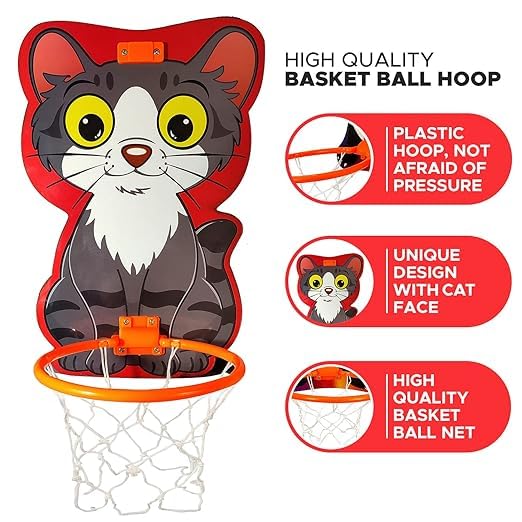 Jericos Small Basket Ball Kit Set with Ring for Kids, Playing Indoor Outdoor Basket Ball, Hanging Board with Net & Ball (Animal Face Printed), Multi Color 1