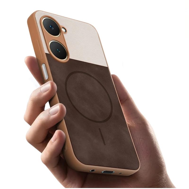 Image of Bintage case Macc-Safe Design Hard Light Weight Back Case | Soft Border Camera Protect | Dual PU Leather Finish Back Cover Compatible for Vivo Y28e 5G / Vivo Y18t - White & Cherry Brown