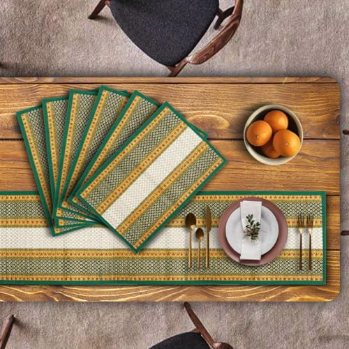 Image of Handmade River Grass Dining Table Mats Set of 6 Pieces & Runner | Heat Resistant Korai Grass Dining Mats | Natural Eco Friendly Madurkathi Placemats | Nature Green Tablemats