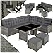tectake Polyrattan Lounge Set, Gartenmöbel Set mit Sofa, Hocker + Tisch, Balkon Möbel Outdoor, 5-teilige Sitzgruppe, inkl. Sitz- & Rückenkissen, ideal für Garten, Terrasse, Balkon - grau/beige