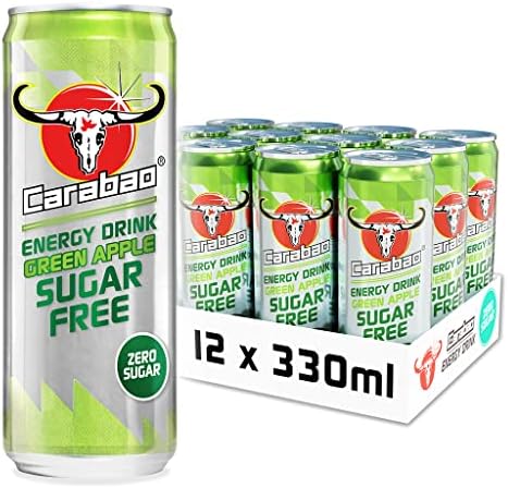 Carabao Energy Drink Sugar Free Green Apple, Can Case, Zero Sugar, Low Calorie, Light Fizzy Fruit Flavour, Vegan, Gluten Free Drink, B Vitamins, Taurine, Caffeine, Bulk Crates, 330 ml (Pack of 12)