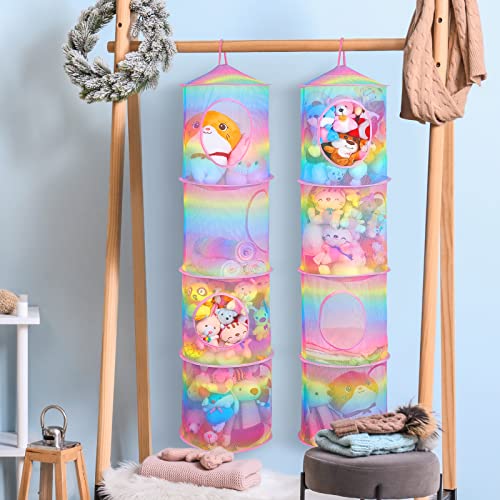 Stuffed Animals Hammock 2 Pcs Toy Storage Unicorn Castle Foldable Toy Organizers 4 Compartments Stuffed Animals Net Hanging Mesh For Kids Room Nursery #TOP4