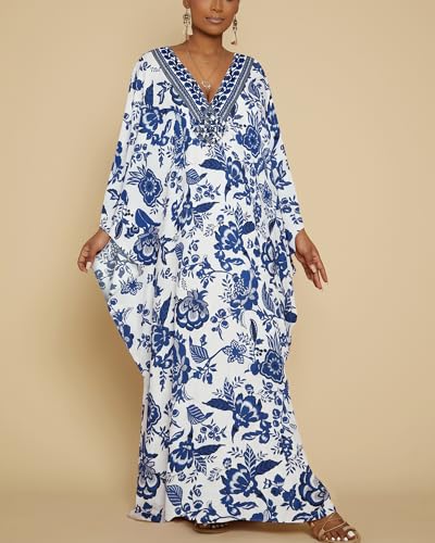 Image of Bsubseach Women Floral Print Kaftan Dresses Plus Size Bathing Suit Cover Up Moo Moos Caftan Beach Dress for Swimwear Summer