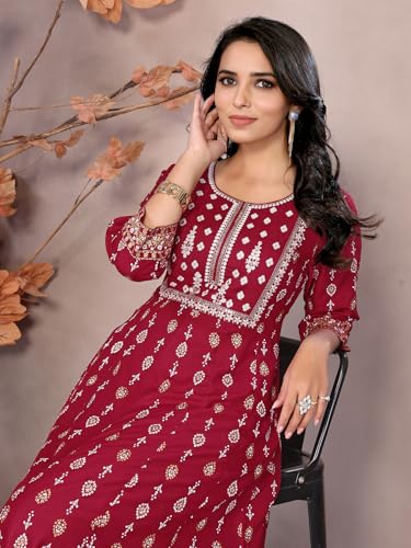 Image of rangita Women Rayon Regular Fit Embroidered Calf Length Anarkali Kurti | Kurta