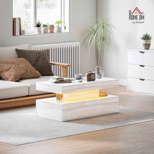 HOMCOM LED Coffee Table with Storage, Modern High Gloss Living Room Table with 2 Drawers, Open Shelf and Remote Control, White - Image 2