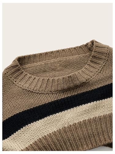 Image of SOLY HUX Women's Color Block Striped Cropped Sweaters Drop Shoulder Long Sleeve Pullover Crop Tops Brown Striped Small
