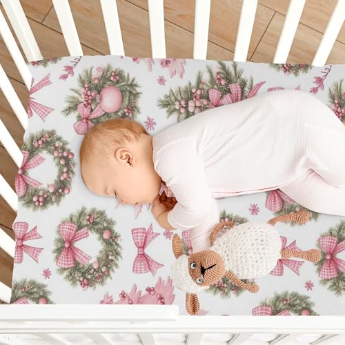 Image of Caikeny Fitted Crib Sheet for Boys Girls Christmas Wreath Tree Pink Bow Baby Crib Sheets Bassinet Sheets Crib Mattress Bed Sheets for Toddler Newborn Infant 52 X 28 in