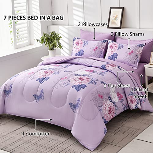Dobuyly Purple Comforter Set Queen Size, 7 Pieces Bed In A Bag Purple Floral Butterfly Comforter Set With Sheets Set Soft Microfiber Botanical Bedding Set For All Season #TOP1
