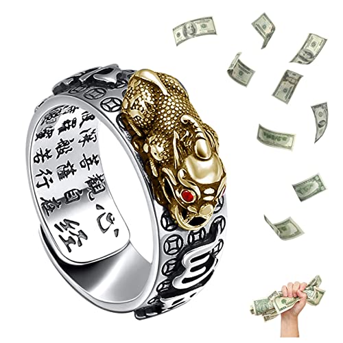 HETICA Feng Shui Pixiu Mantra Amulet Lucky Adjustable Ring Buddhist Good Luck Mantra Double Protection Wealth Love Health Ring Vintage Ring Jewelry Gift