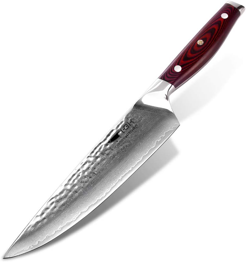 KBK Chef's Knives Professional Chef Knife 8 Inch Japanese VG10 67 Damascus Stainless Steel Layers 62 HRC Blade Ergonomic with Sharp Cut Edge Best for Kitchen (Hammer Finish G10 Red Handle)