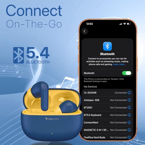 Image of Vaku Luxos SONAIR TWS Bluetooth 5.4 Earbuds | 60H Playtime | Touch Controls | Type-C Fast Charging | 10mm Driver | Voice Assistant | Deep Bass Wireless Earbuds with Charging Case- Blue /Yellow
