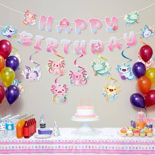 Image of Gameza Colorful Axolotl Birthday Decorations - 12PCS Axolotl Party Decorations Happy Birthday Banners Hanging Swirls Cute Funny Pink Blue Green Yellow Animals Themed Party Decor Supplies