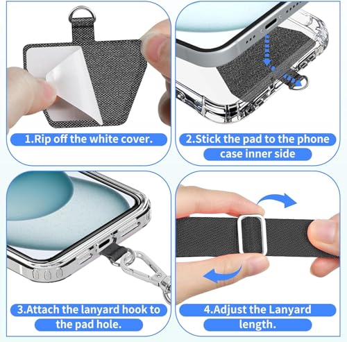SS Phone Lanyard, 2× Adjustable Phone Neck Strap, 4 × Phone Patches, Universal Multifuctional Cell Phone Lanyards Compatible with Most Smartphones, Black Grey - image 8