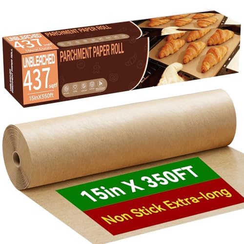 Unbleached 15x350 ft Parchment Paper Roll, 437 Sq.Ft, Non Stick Brown Extra Long Baking Paper Sheets with Serrated Cutter for Cooking, Baking, Grillin, Steaming Bread Cookies, Oven/Air Fryer/Microwave
