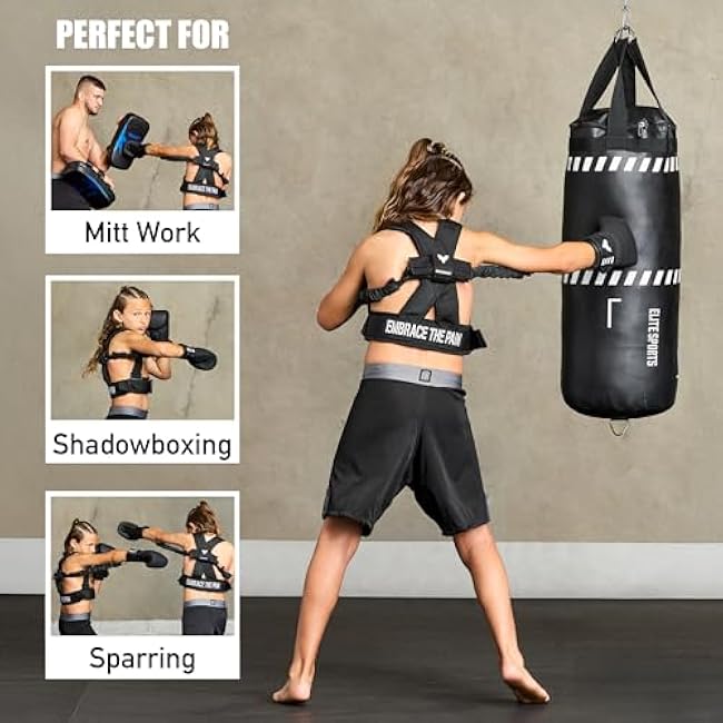 Elite Sports Kids Boxing Harness with 6oz Gloves ¨C Adjustable Resistance Bands (3 Levels), Stability Strap, Padded Shoulder & Back, Ballistic Nylon, Quick-Release Buckle ¨C Youth Training Gear