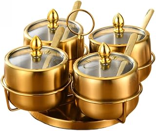 Condiment Jars,Stainless Steel with Lid and Spoon Condiment Set | 3pcs Kitchen spice jars for Salt and Coffee Flower Tea Mixed Grains Powder Jars Sugar Kitchen Seasoning Condiment Jar Set