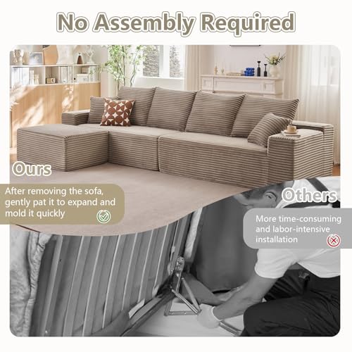 Image of 140 inch L Shaped Cloud Sectional Couch for Living Room, Modular Floor Deep-Seat Sofa, Big Comfy Corduroy Couches Set with Fluffy Memory Foam for Living Room Bedroom, No Assembly Required, Camel