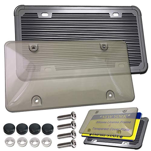 Zxfoog Silicone License Plate Frame With Cover- Black Car Tag Cover Holder Tinted Bubble Smoked Unbreakable License Plate Cover Protector, Rust-Proof, Rattle-Proof, With Stainless Steel Screws Caps #TOP29