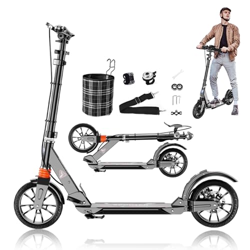 GHBXJX Cityroller Scooter Roller für Erwachsene bis 150kg Verstellbar Scooterm, ABEC 9, Robuste Konstruktion 200mm Räder Stoßdämpfende ShockResist -Technologie Hinterradbremse rutschfest,Schwarz