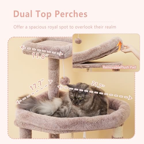 Image of Heybly 64.2 inch Heavy-Duty Cat Tree for Large Cats with Wide Base HCT027MU | Indoor Cat Tower with Scratching Posts & Board, Cat Furniture with Big Platforms, Extra-Large Hammock, Rosy Brown