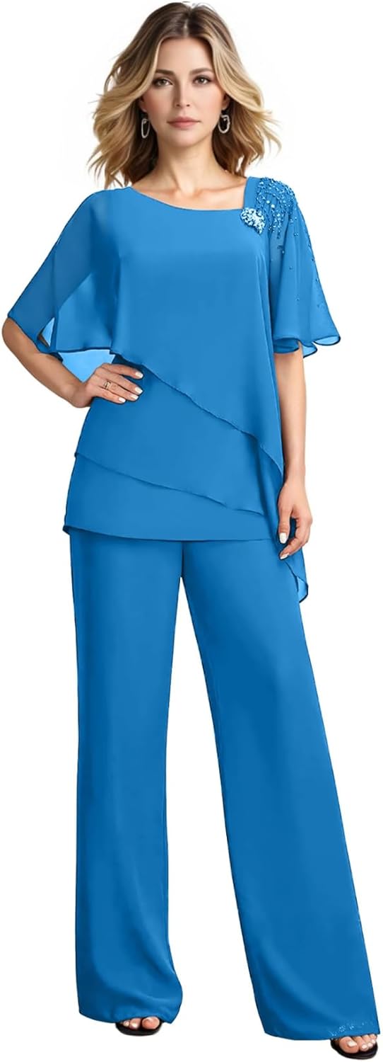 2 Piece Chiffon Mother of The Bride Pant Suits Short Sleeve V Neck Beaded Tiered Formal Wedding Guest Outfit HX031