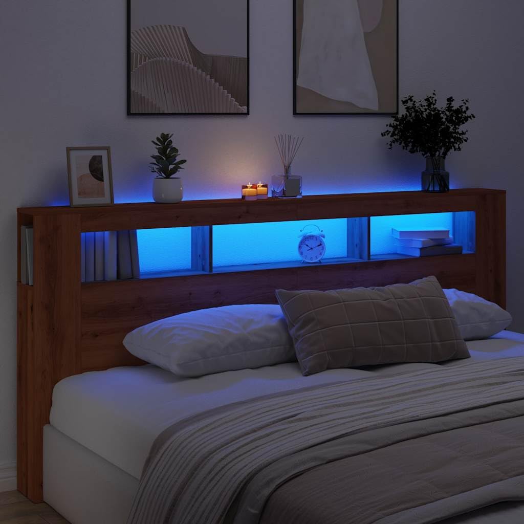 Cabecero LED de roble Artisan, 220 x 103,5 cm, material de madera RGB, con soporte de pared, diseño moderno, robusto, para dormitorio