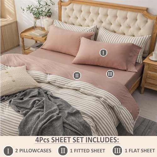 PURE ERA Jersey Knit 4pc Bed Sheet Set 100% T-Shirt Cotton Super Soft Comfy Breathable Fits Mattress Up to 20" Extra Deep Pocket (Solid Petal Pink, King)