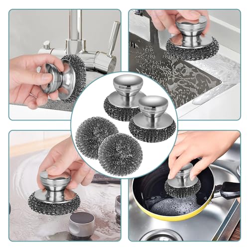 2 Stück Edelstahl-Schrubber mit 2 Ersatz-Stahlwolle-Pads, Edelstahl-Schrubber für Geschirr mit Edelstahlgriff, Stahlwolle-Schrubber zum Reinigen von Geschirr, Töpfen, Pfannen, Grillplatten und Grills